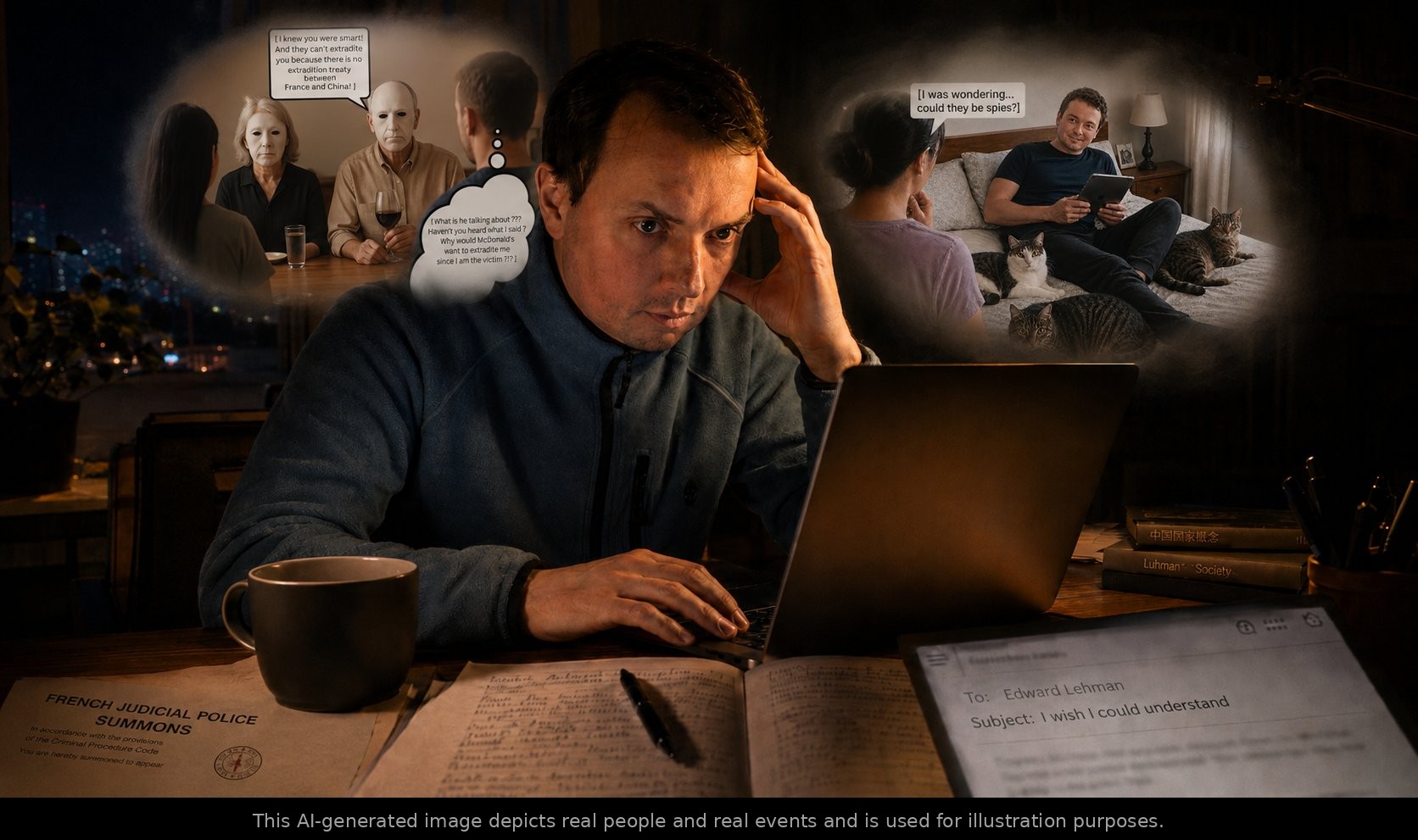 Illustration of Vincent Le Corre writing to Edward Lehman about U.S. intelligence suspicions in China, and a police summons.