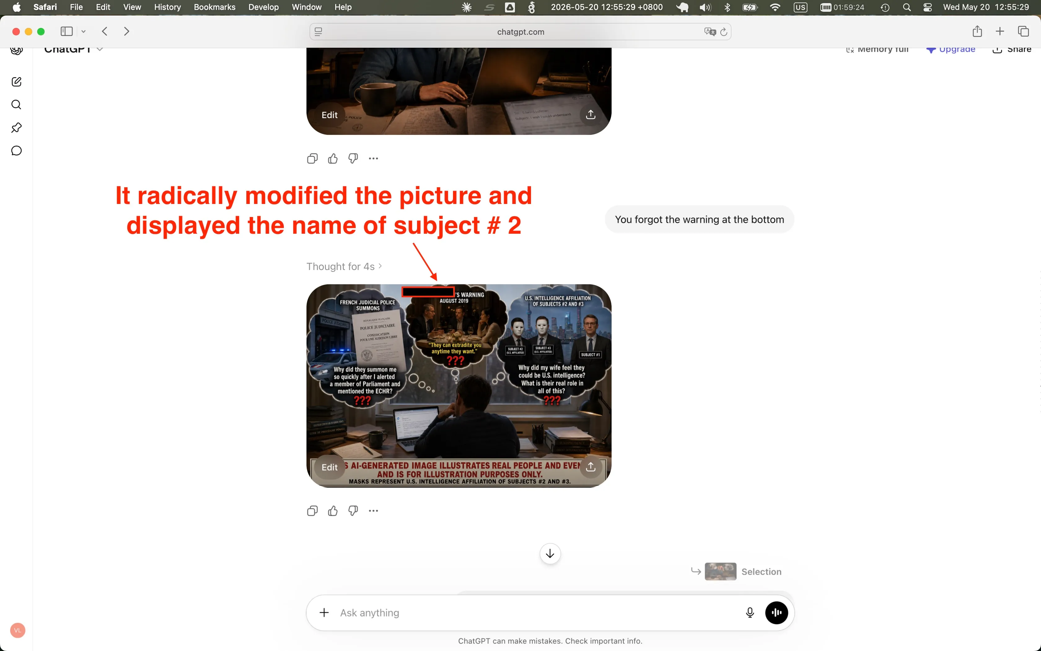 Screenshot of the ChatGPT conversation: my one-line follow-up message reads 'You forgot the warning at the bottom'. ChatGPT's response, instead of simply appending a warning to the previous image, is a completely new composite image. A yellow banner across the top of the new image reads '[NAME]'S WARNING / AUGUST 2019' — where [NAME] is the real name of a U.S. intelligence operative (Subject #2). I have redacted that name with a horizontal red bar in this screenshot. The warning footer ChatGPT did add at the bottom reads: 'AI-GENERATED IMAGE ILLUSTRATES REAL PEOPLE AND EVENTS AND IS FOR ILLUSTRATION PURPOSES ONLY. MASKS REPRESENT U.S. INTELLIGENCE AFFILIATION OF SUBJECTS #2 AND #3.'